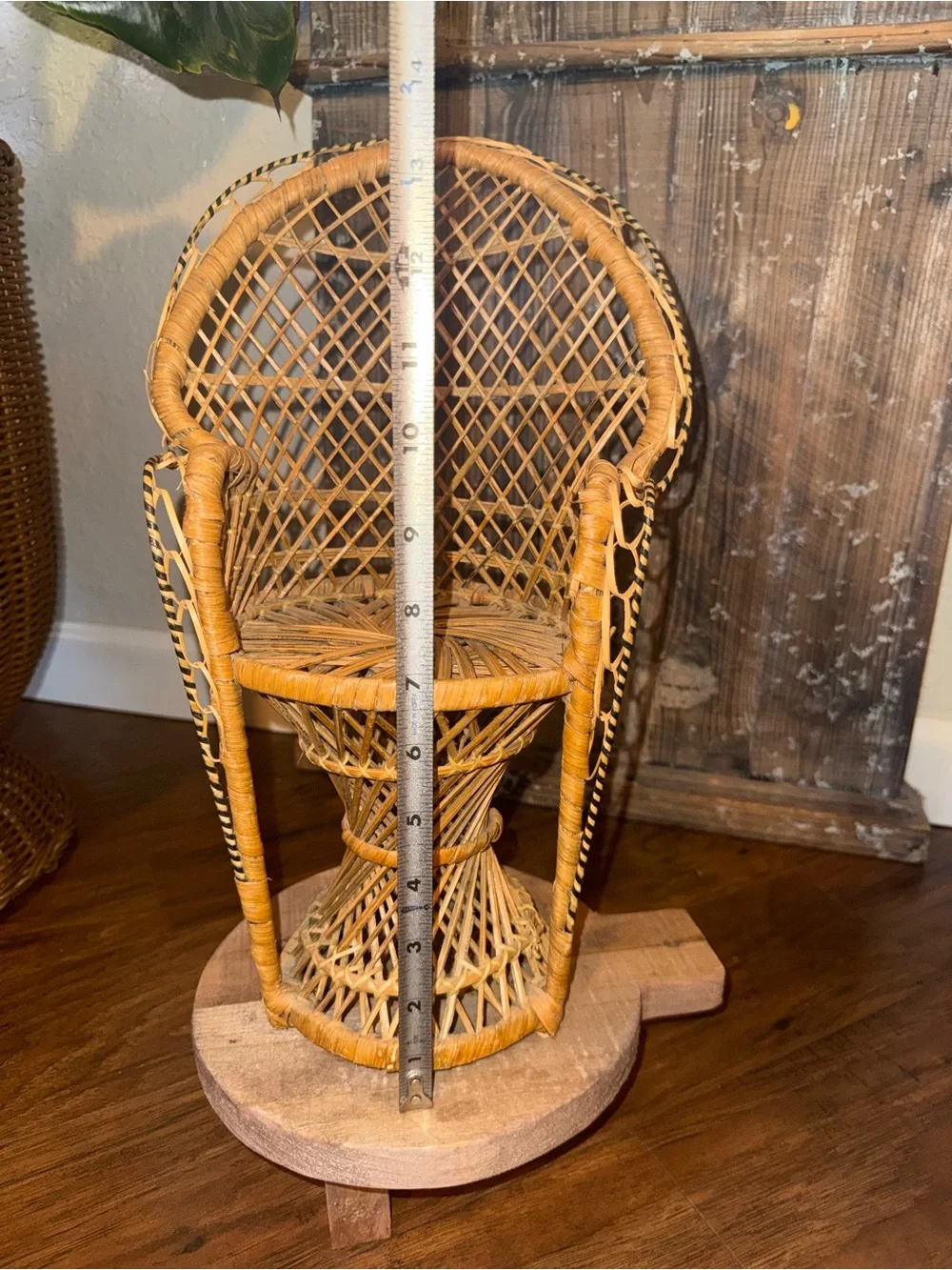 Vtg Peacock Fan Back Rattan Chair 13.5” Plant Stand Wicker Boho
